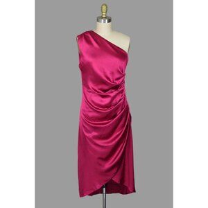 RACHEL ZOE DARK PINK SATIN RUCHED ONE SHOULDER MIDI DRESS